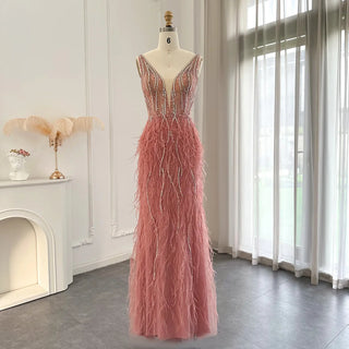 Dubai Champagne Elegance: Luxury Feathered Evening Dress with a V-Neck, Perfect for Women at Weddings and Formal Events, Ideal for Proms with a touch of Silver and Pink.