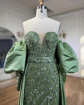 Champagne Luxury Mermaid Evening Dress - Long Gown with Half Puff Sleeves, Elegant for Women's Party