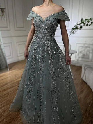Ships in 1 to 3 Days -2024 Saudi Arabic Gray Beaded A-Line Evening Gown for Formal Occasions
