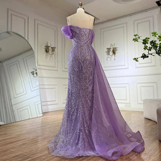 Ships in 1 to 3 Days - 2024 One-Shoulder Purple Mermaid Evening Gown with Beaded Side Skirt Overlay.