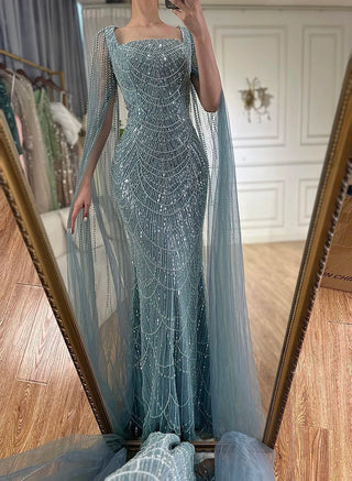 2024 Saudi Arabic Turquoise Mermaid Evening Dress - Beaded Pearls with Cape Sleeves for Formal Occasions