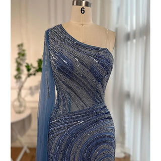 Arabic Blue Mermaid Sexy High Split Cape Sleeve Beaded Evening Dresses Gowns 2024 - For Women Wedding Party