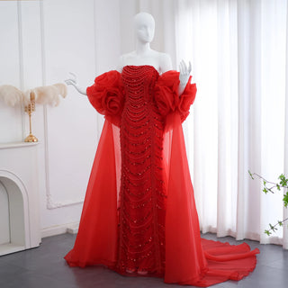 Dubai Beaded 3D Flower Wine Red Evening Dress - Luxury Cape Gown for Arabic Women’s Wedding Engagement Parties
