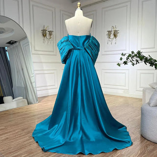 Arabic Blue Satin Mermaid Strapless Puff Sleeves Beaded Evening Dresses Gowns for Women | Wedding Party 2024