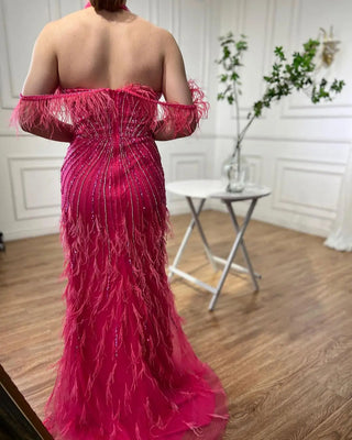 Caramel Mermaid Sleeveless Evening Gown: High Split with Beaded Feathers for Women's Wedding Party 2024