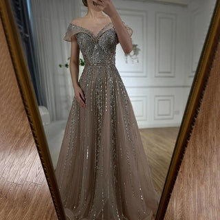 Ships in 1 to 3 Days -2024 Saudi Arabic Gray Beaded A-Line Evening Gown for Formal Occasions