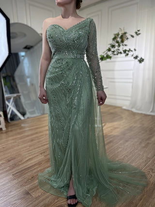 Arabic Mint Mermaid Beaded Evening Gown 2024 - Sexy One-Shoulder Split Dress for Women's Wedding Party