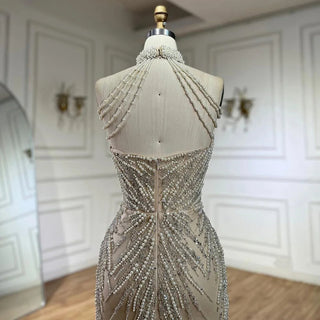 Ships in 1 to 3 Days - 2024 Arabic Nude Halter Neck Mermaid Pearls Beaded Luxury Dubai Evening Gown for Women's Party
