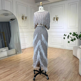 Dubai White Feathers Two Pieces Midi Luxury Evening Dress for Women Wedding: Beaded Short Prom Party Gowns