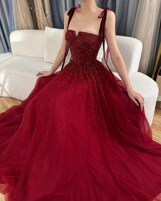 Ships in 1 to 3 Days - 2024 Saudi Wine Red Beaded Evening Gown - Spaghetti Strap A-Line Luxury Floor-Length Dress for Formal Occasions