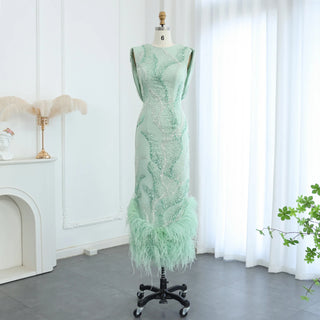 Custom-Made Luxury Dubai Sage Green Evening Gown with Feather Details - 2024 Arabic Wedding, Graduation, and Prom Dress