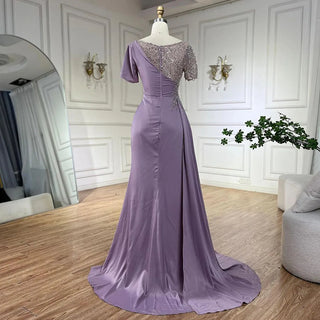 Arabic Lilac Mermaid Elegant Satin Beaded Luxury Dubai Gray Evening Dresses Gowns For Women Wedding Party