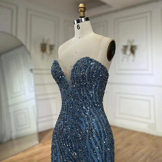 Ships in 1 to 3 Days - 2024 Arabic Strapless Blue Beaded Feathers Luxury Dubai Evening Gowns with Side Skirt for Women's Party