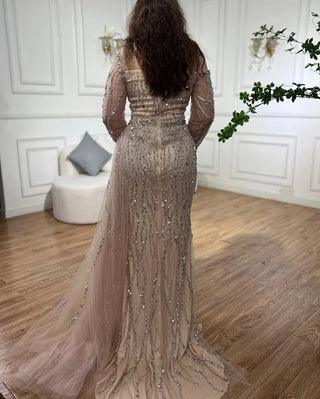Arabic Blue Mermaid Evening Dress with High Split and Beading - Women's Wedding Party Gown (2024)