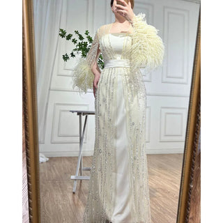 Beaded Feathers A-Line Cream Caftan Marocain Femme Evening Dress with Jacket - Gown for Party