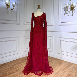 Ships in 1 to 3 Days - Arabic Wine Red Mermaid Evening Dress 2024 with Elegant Cape Sleeves, Beaded Luxury - Ideal for Women's Party