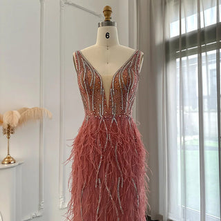 Dubai Champagne Elegance: Luxury Feathered Evening Dress with a V-Neck, Perfect for Women at Weddings and Formal Events, Ideal for Proms with a touch of Silver and Pink.