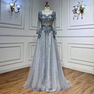 Dubai Rose Radiance: Elegant Long Sleeve Rose Gold Evening Dress with a Muslim Arabic-inspired design for Women's Wedding Parties and Formal Occasions.