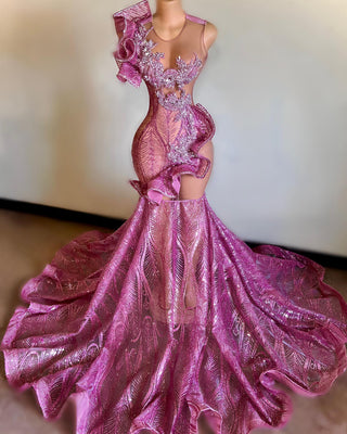 Extravagant Asymmetrical Green Mermaid Gown with Ruffled Details and Sheer Illusions