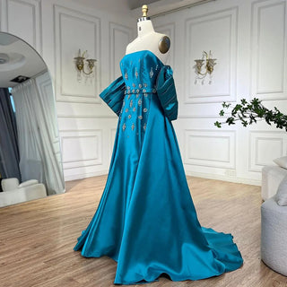 Arabic Blue Satin Mermaid Strapless Puff Sleeves Beaded Evening Dresses Gowns for Women | Wedding Party 2024