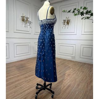 Blue Mermaid Sexy Spaghetti Straps Boat Neck Beaded Luxury Arabic Evening Dress: Elegant Gown for Women's Party