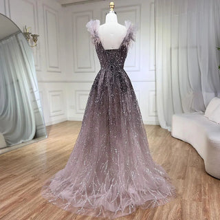 Feathered Fantasy: 2024 Dubai-Inspired Evening Gown with Sexy V-Neck and Beaded Blue Elegance - The Ultimate Choice for Weddings and Grand Soirees.