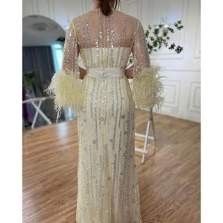 Beaded Feathers A-Line Cream Caftan Marocain Femme Evening Dress with Jacket - Gown for Party