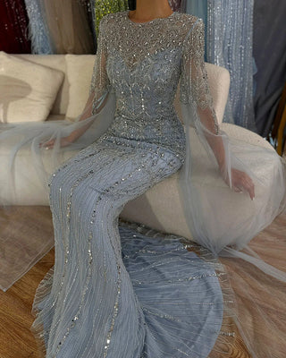 Ships in 1 to 3 Days - 2024 Saudi Arabia Caramel Mermaid Evening Gown - Elegant Cape Sleeve Luxury Beaded Dress for Formal Occasions