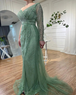 Arabic Mint Mermaid Beaded Evening Gown 2024 - Sexy One-Shoulder Split Dress for Women's Wedding Party