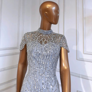 Ships in 1 to 3 Days - Dubai Grey Mermaid High Neck Elegant Short Sleeves Luxury Beaded Sparkle Formal Evening Dresses 2024