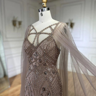 Arabic Luxury Dubai Mermaid Evening Dress with Elegant Lilac Shawl - Yarn Beaded Gown for Women's Party (2024)