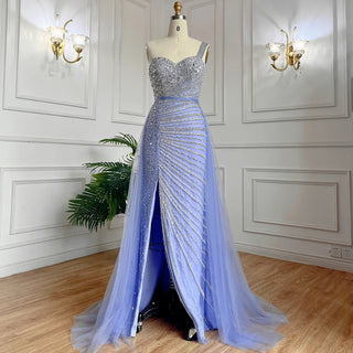 Blue One Shoulder High Split Mermaid Evening Dress with Beaded Overskirt - Elegant Gown for Women Party