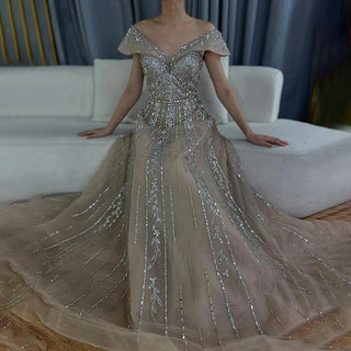 Ships in 1 to 3 Days -2024 Saudi Arabic Gray Beaded A-Line Evening Gown for Formal Occasions
