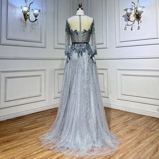 Dubai Rose Radiance: Elegant Long Sleeve Rose Gold Evening Dress with a Muslim Arabic-inspired design for Women's Wedding Parties and Formal Occasions.