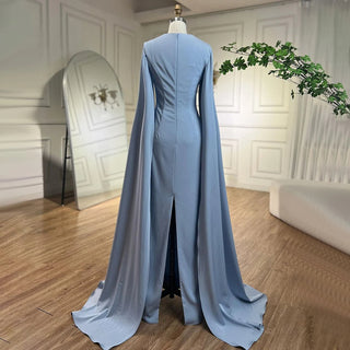 Arabic Blue Mermaid Evening Gown: Elegant Cape Sleeves, Beaded Satin Luxury - Women's Party Dresses 2024