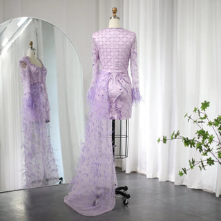 Custom-Made Feathered Dubai Short Evening Dress with Overskirt - Arabic Blue Lilac Mini Cocktail & Prom Dress