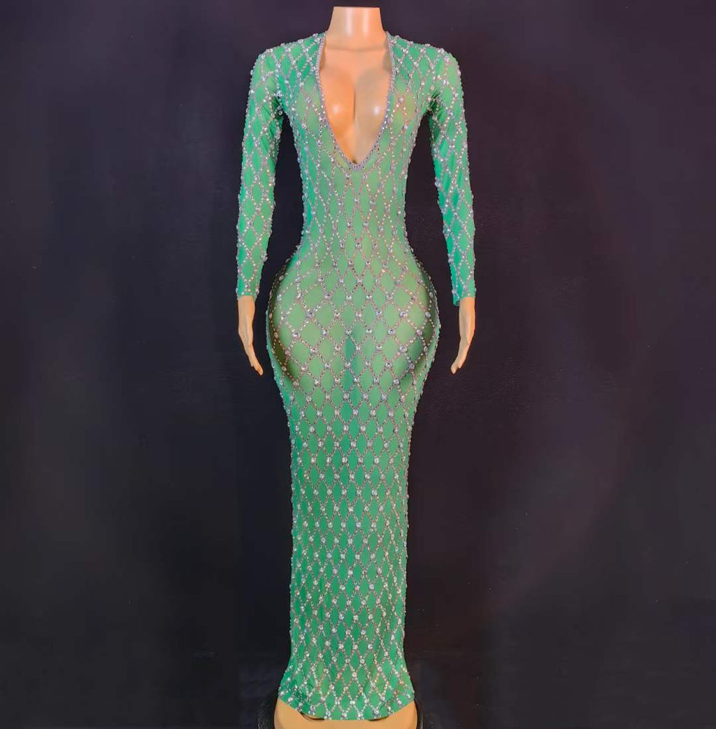 Pleated V-Neck Beaded Maxi Gown With Cap Sleeves Dusty Sage