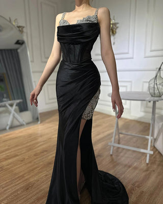 Ships in 1 to 3 Days - 2024 Saudi Arabic Spaghetti Strap Wine Red Satin Evening Dress - High Slit Gown for Formal Occasions