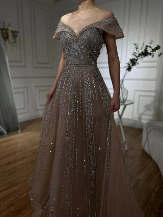 Ships in 1 to 3 Days -2024 Saudi Arabic Gray Beaded A-Line Evening Gown for Formal Occasions