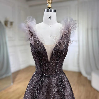 Feathered Fantasy: 2024 Dubai-Inspired Evening Gown with Sexy V-Neck and Beaded Blue Elegance - The Ultimate Choice for Weddings and Grand Soirees.