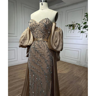 Arabic Olive Satin Mermaid Strapless Puff Sleeves Beaded Evening Dress - Gown for Women's Wedding Party 2024