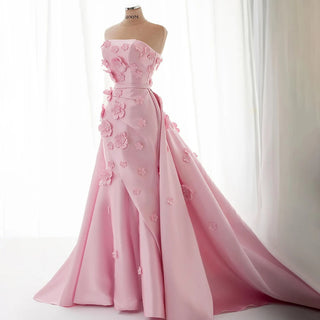 2024 Saudi Pink Ruched Strapless Satin Mermaid Evening Gown with Appliques and Lace-Up Back for Formal Occasions