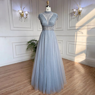 Majestic Mist: 2024 Grey High-Neck A-Line Beaded Long Evening Gown