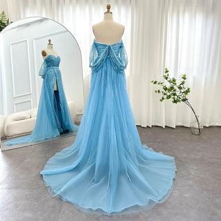 Azure Elegance: Blue Mermaid Evening Gown with High Split - Dubai-Inspired Luxury for Grand Wedding Affairs and Prom Celebrations.