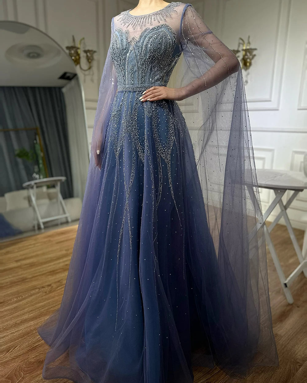 Long Sleeve Long Silver Gown Beaded A-Line Cape-Sleeve Dress  Larosabride