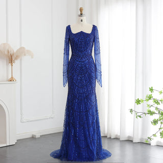 Dubai Luxury Black Beaded Mermaid Evening Gown with Long Sleeves - Arabic Champagne Formal Prom Dress