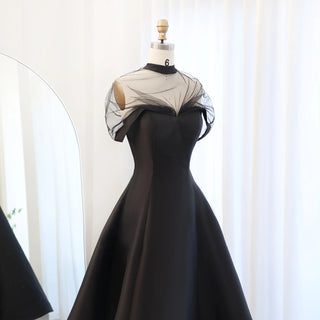 Arabic Black Satin Evening Dress with Cape Sleeves - Short Long Wedding Party Gown for Women