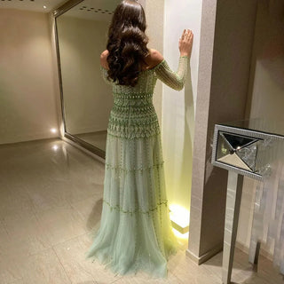 Ships in 1 to 3 Days - Dubai Arabic Sage Green Mermaid Evening Gown with Beaded Detailing - Luxury Party Dress for Women's Weddings 2024