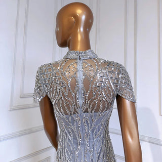 Ships in 1 to 3 Days - Dubai Grey Mermaid High Neck Elegant Short Sleeves Luxury Beaded Sparkle Formal Evening Dresses 2024