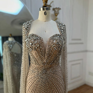 Arabic Silver Nude Beaded Evening Gown - Cape Sleeves Luxury Wedding Party Dress for Women